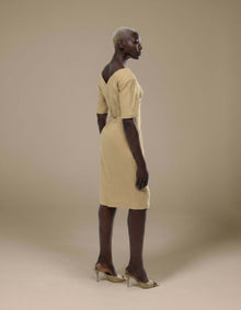 Sand minimalist midi dress with open back tie detail and short sleeves
