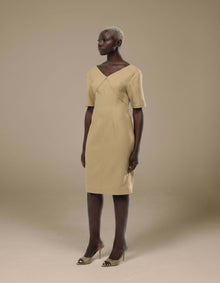 Sand tailored midi dress with V-neckline and structured seam detail
