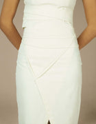 Ivory structured bandage midi dress with geometric wrap skirt detail
