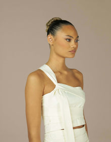 Ivory asymmetric one-shoulder draped crop top luxury womenswear
