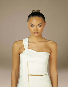 Ivory one-shoulder structured crop top luxury womenswear set

