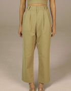 Sage green high-waist pleated wide-leg tailored trousers
