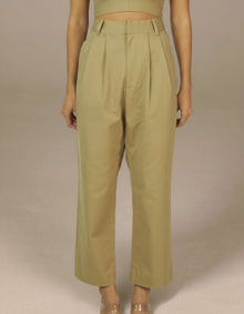Sage green high-waist pleated wide-leg tailored trousers
