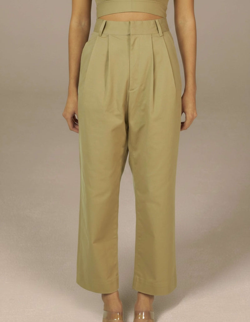 Sage green high-waist pleated wide-leg tailored trousers
