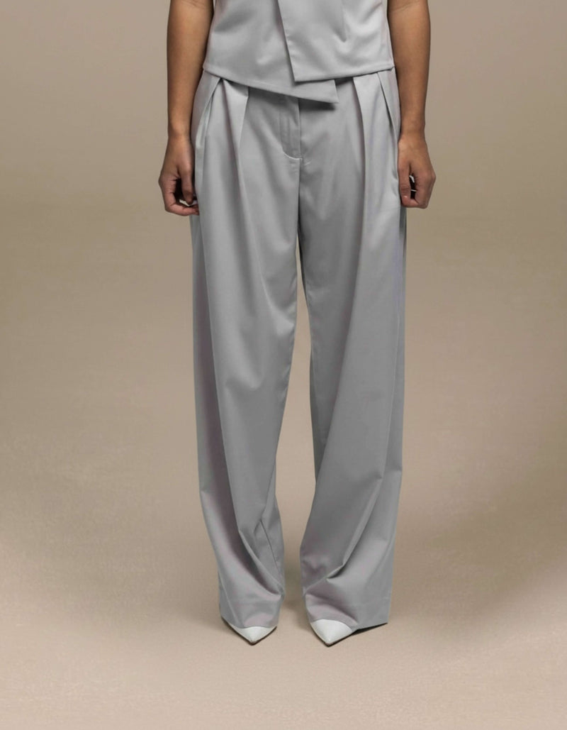 Silver grey wide-leg pleated tailored trousers luxury womenswear
