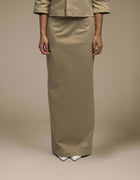 Tailored khaki maxi skirt minimalist column silhouette luxury womenswear
