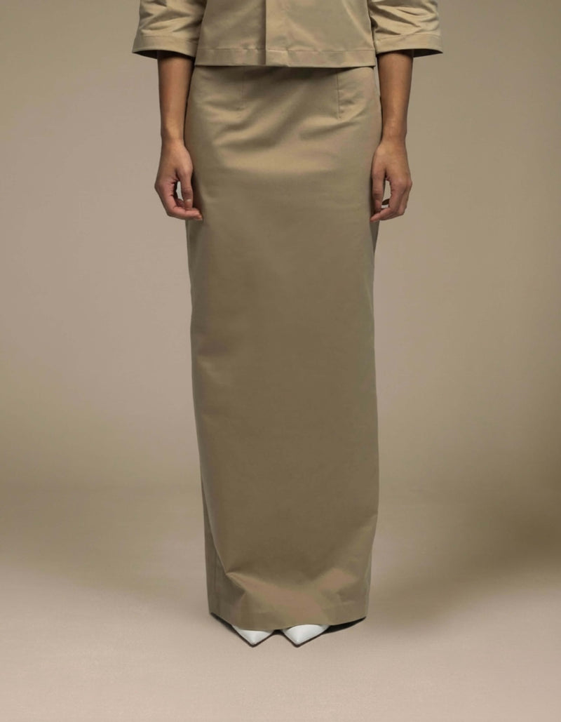 Tailored khaki maxi skirt minimalist column silhouette luxury womenswear
