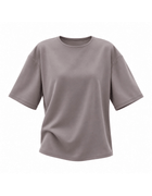 Elamins Oversize T-Shirt In Taupe Displayed Against A White Background, Featuring A Round Neckline, Dropped Shoulders And Elbow-Length Sleeves.