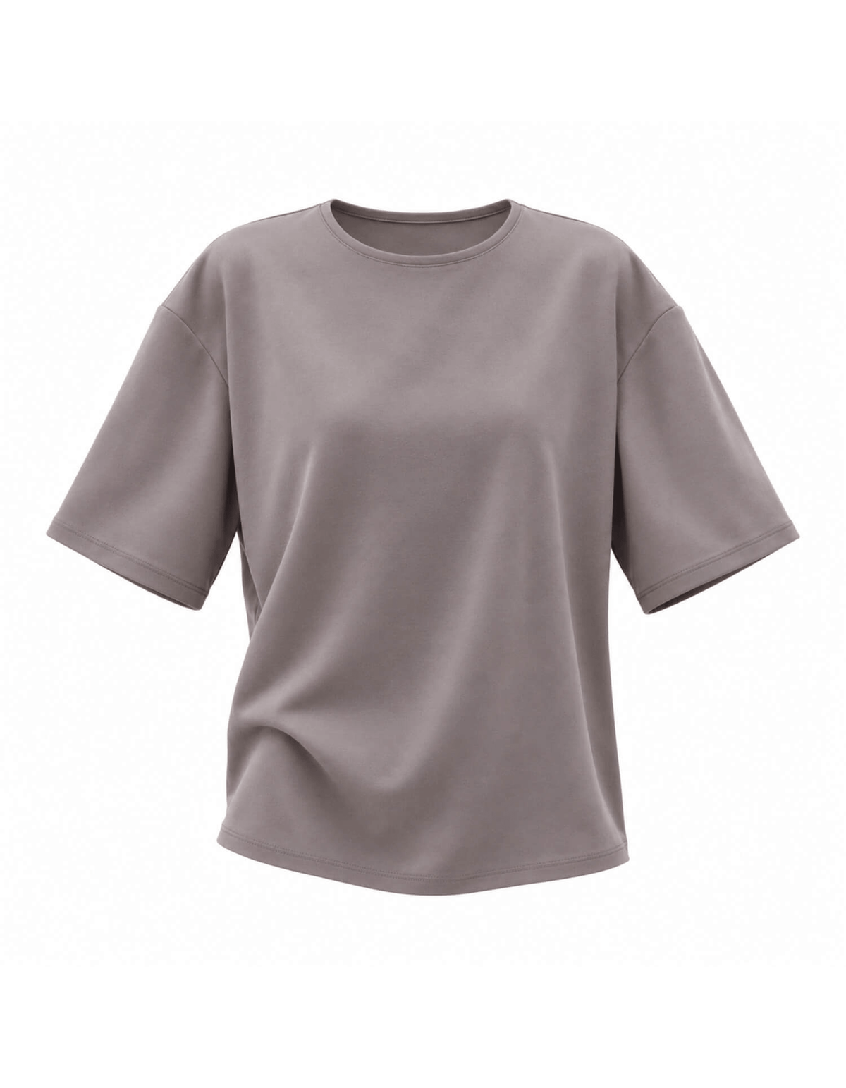 Elamins Oversize T-Shirt In Taupe Displayed Against A White Background, Featuring A Round Neckline, Dropped Shoulders And Elbow-Length Sleeves.