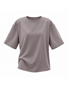 Elamins Oversize T-Shirt In Taupe Displayed Against A White Background, Featuring A Round Neckline, Dropped Shoulders And Elbow-Length Sleeves.