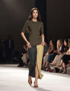 Front Runway View Of The Elamins Vertical Two Tone Skirt In Tan And Denim, Featuring A Front Slit And Styled With The Elamins Three Quarter Sleeve Top At TheEventDXB
